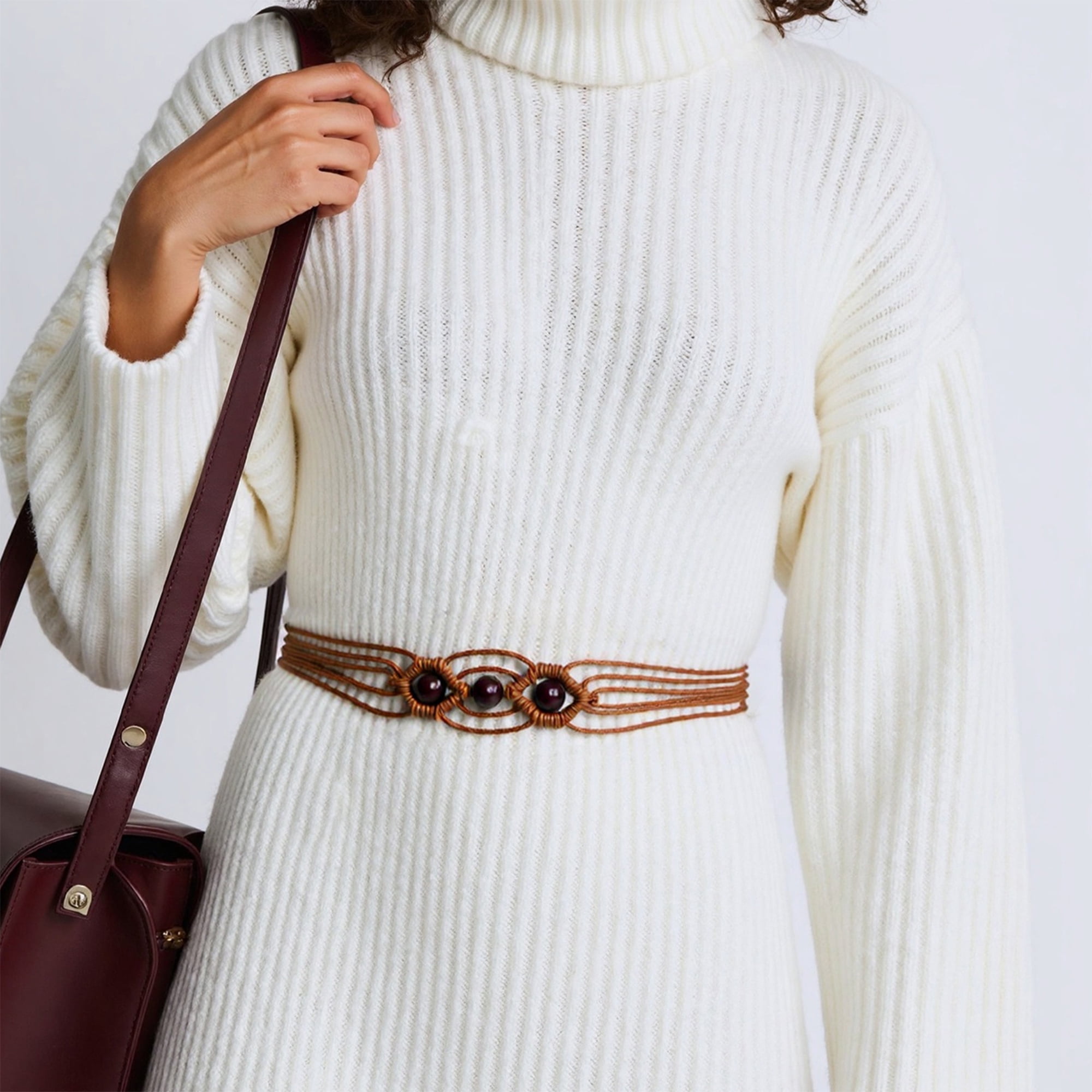 Unique Bargains Beaded Weaving Adjustable Waist Rope Fashion Accessory for Women Brown