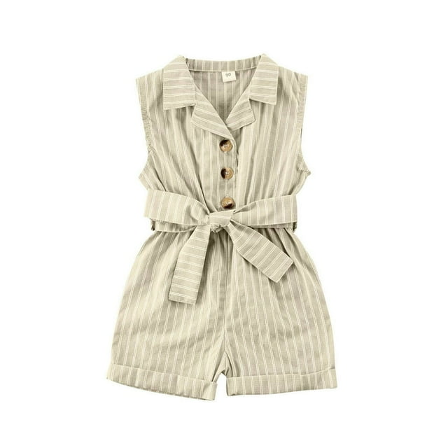 Combinaison à Col Rabattu Jambe Large Bébé Fille Romper avec Bande de Ceinture Sans Manches