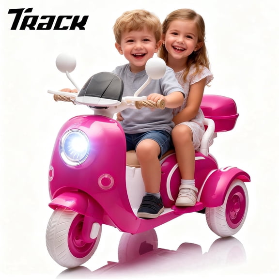 Track Seven 12V Ride on Motorcycle, 2-Seater Electric Motorcycle with Dual Motor, 3 Wheels Motorbike with Bluetooth, LED Lights, Storage Box, Front Hook, Ride on Toy Car for Boys Girls Aged 3