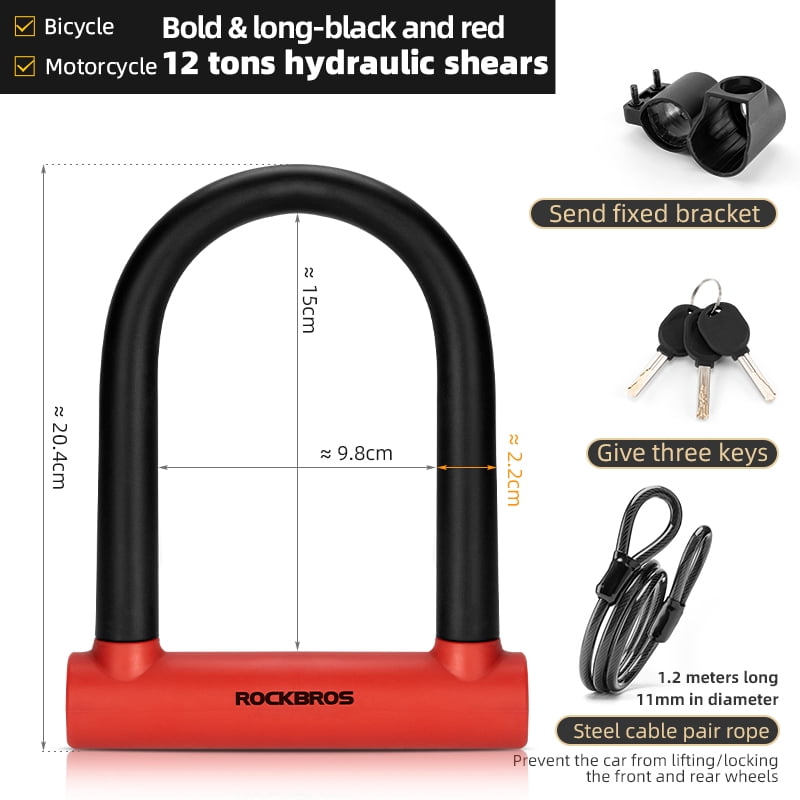 ROCKBROS Bicycle Locks,High-Strength Alloy Steel U-shaped locks,U-Lock Red with 1.2m cable