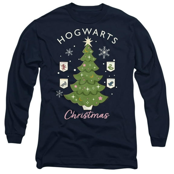 Harry Potter Hogwarts Christmas Tree Unisex Adult Long-Sleeve T Shirt, Navy, Large