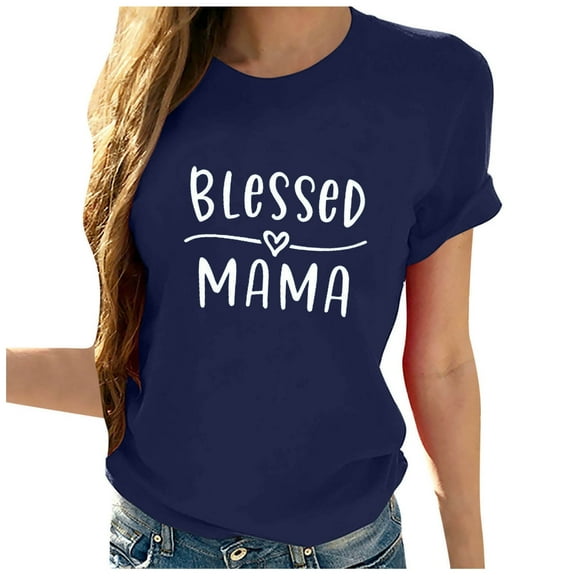 WREESH Mother's Day Mama Shirts Women's Short Sleeve Round Neck Graphic Printed Loose Tops Dark Blue