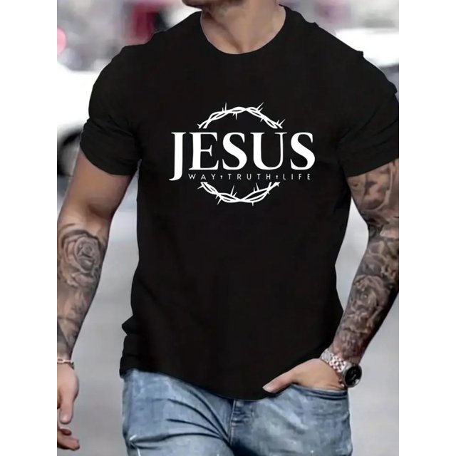 Men's short sleeve, 100% cotton T-shirt, 1 piece, high quality breathable material, Jesus print, easy movement, soft and skin friendly