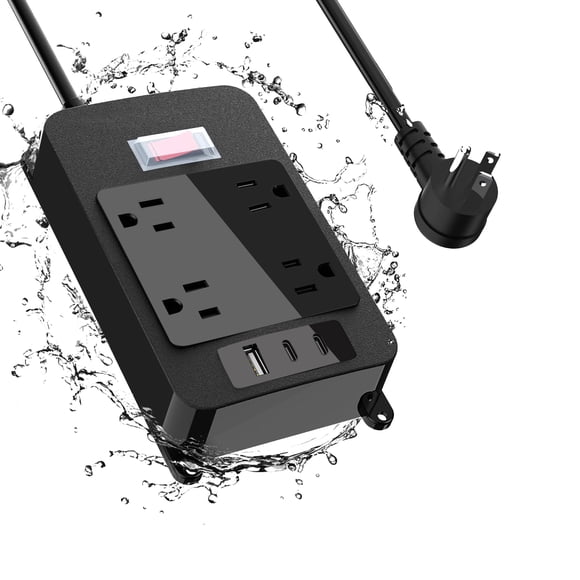 Outdoor Power Bar Waterproof with USB C, 4 Wide AC Outlets Heavy Duty Surge Protector with Flat Plug, Waterproof Shockpr