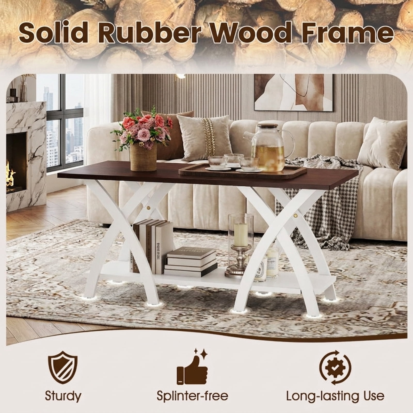 Furnibear 40 Inch Farmhouse Wooden 2-Tier Coffee Table with Storage Shelf for Living Room - Walnut - Living Room Cocktail Center Table