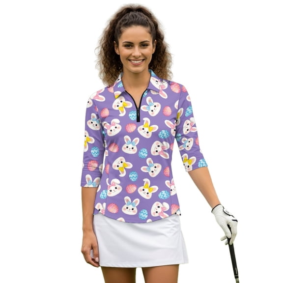 HUIACONG Easter Women's Golf Polo Shirts with Bunny Egg Pattern, Soft 3/4 Sleeve Athletic Golf Tops, Quick Dry Polyester Spandex for Golf and Tennis