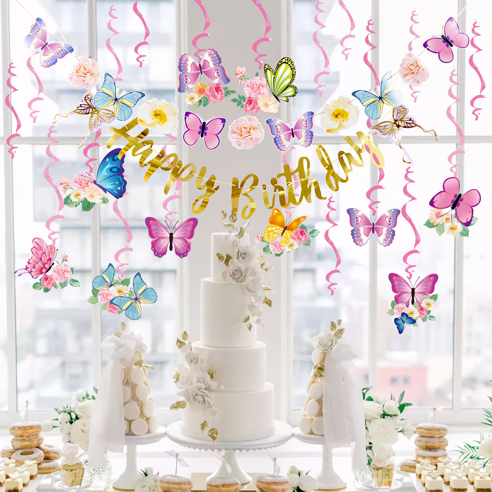 Easy Joy 22pcs Butterfly Birthday Decorations with Banner Hanging Flowers Paper Swirls for Pink Party Decoration
