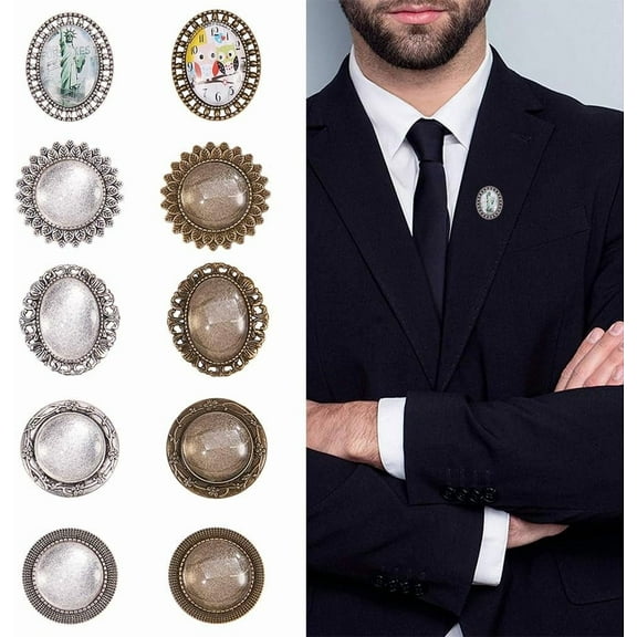 DIY 10PCS Groom Picture Lapel Pins Wedding Boutonniere Funeral Rial Pin Brooch Photo Charms Kit Include Oval Round Pendant Trays Clear Glass Cabochons Silver Bronze