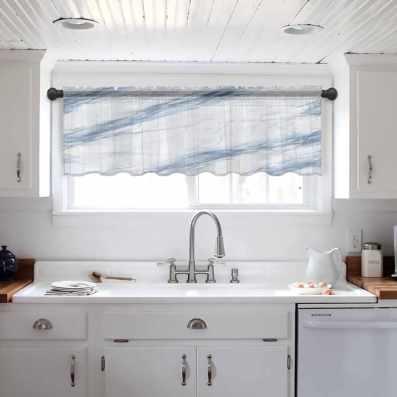 Blue Grey Marble Valance Curtains for Kitchen/Living Room/Bathroom/Bedroom Window, Vintage Abstract Modern Art Crack Rod Pocket Small Topper Half Short Window Curtains Voile Sheer Scarf 54"x18"