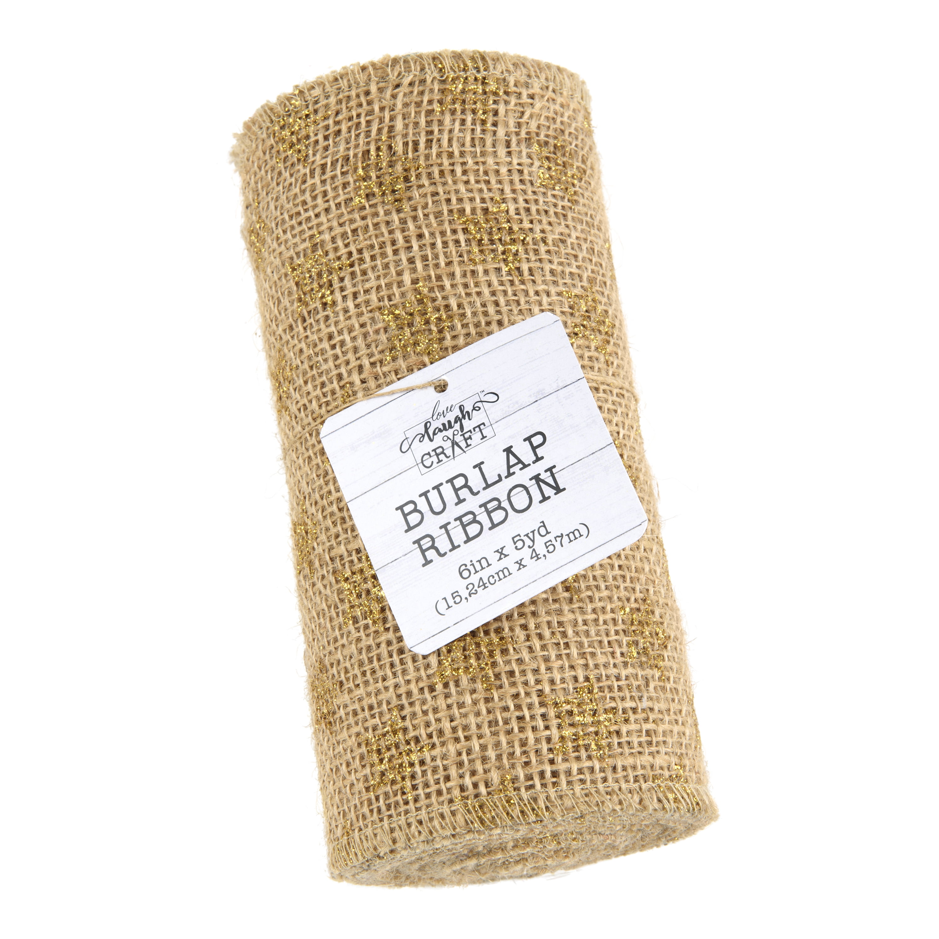 Love, Laugh, Craft Jute Burlap Roll Precut, Finished Edges, 6"W x 5-Yards, 740-27, Brown/Gold Star Glitter