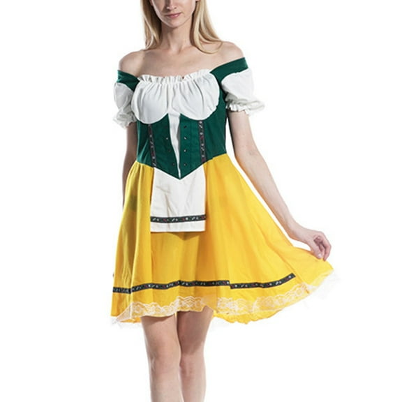 WREESH Womens Oktoberfest Plaid Dress Dresses Cosplay Maid Uniform Short Sleeve Neck Waisted Dress Stage Performance Yellow A