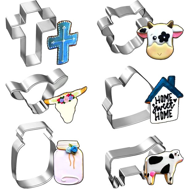 Cows Cookie Cutters Set 6 Pcs Stainless Steel Farm Cutter With Cow Steer Longhorn Head Holy Cross Mason Canning Jar House Farmhouse For Diy Baking Party Supplies Cows Cookie Cutters Set 6 Pcs, Farm Cookie Cutters