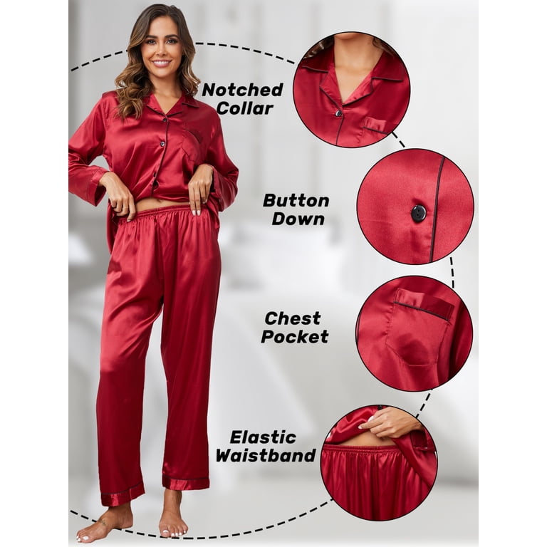 Fnumoa Women's Satin Silk Pajama Set | Long Sleeve Button-Down Top & Wide Leg Pants | 2-Piece Loungewear Sleepwear Set