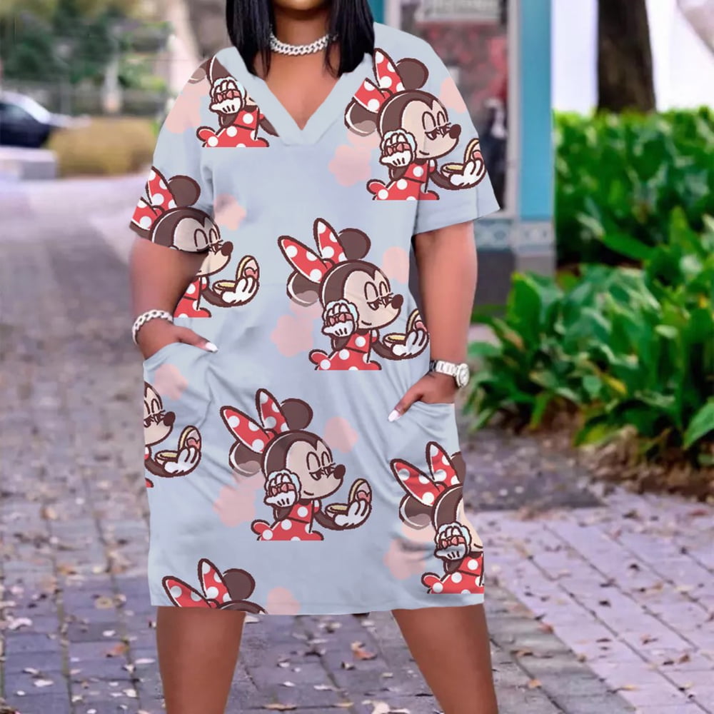 Disney Kawaii Cartoon Print Robe Long Sleeves Fat Loose Women s Minnie Dress Women V Neck Mid Length Beach Dress QZX