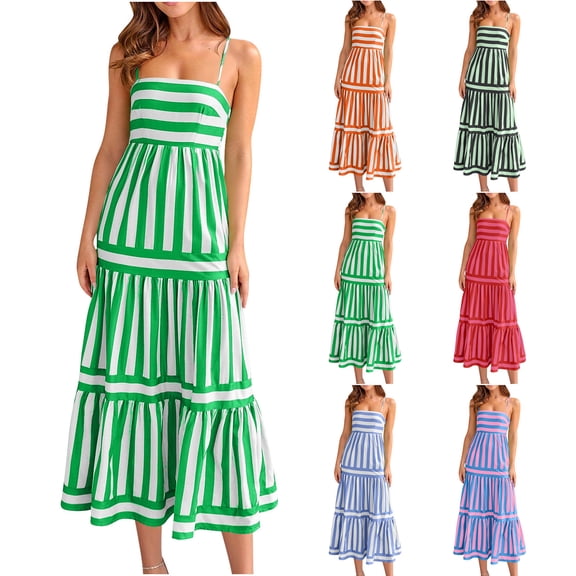Antinious Ladies Summer Dress,Elegant Dresses for Women,Long Dresses for Women Loose Casual Sleeveless Striped Hem Adjustable Buckle Suspender Dress,Orange,S