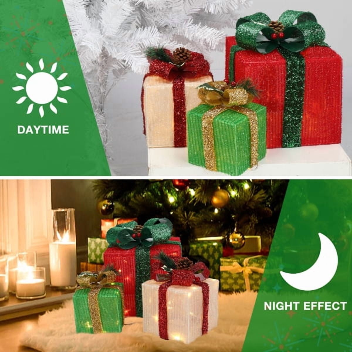 3-Piece Christmas Lighted Gift Boxes Set, 60 Warm White LEDs, ABS Plastic Frame with Onion Cloth, Indoor Outdoor Festive Decor