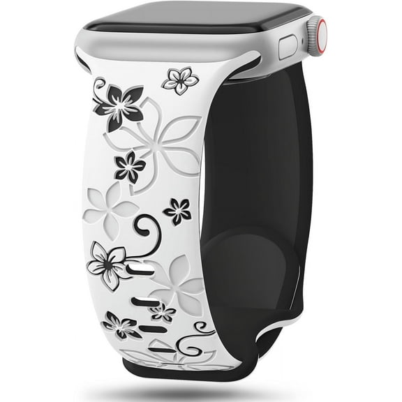Floral Engraved Bands Compatible with Apple Watch Band 41mm 40mm 44mm 45mm 42mm 38mm 46mm 49mm for Women,Cute Flower iWatch Bands Soft Silicone Sport Strap for iWatch Series SE 10 9 8 7 6 5 4 3 2 1