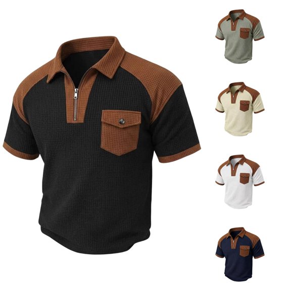 XAOFW Performance Zipper Pocket Polo Shirts For Man Athletic Knit Casual Sport Short Sleeve Patchwork Shirt Comfortable Tops L