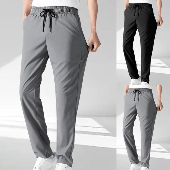 Jinhomg Men's Hiking Pants Lightweight Casual Drawstring Waist Sweatpant Slim Fit Straight Leg Trousers with Side Pockets for Outdoor Gray,S