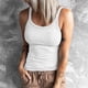 thumbnail image 3 of Camiseta sin mangas de verano con cuello redondo y canalé para mujer, corte bajo, elástica, ajustada, sin mangas, 3 of 5