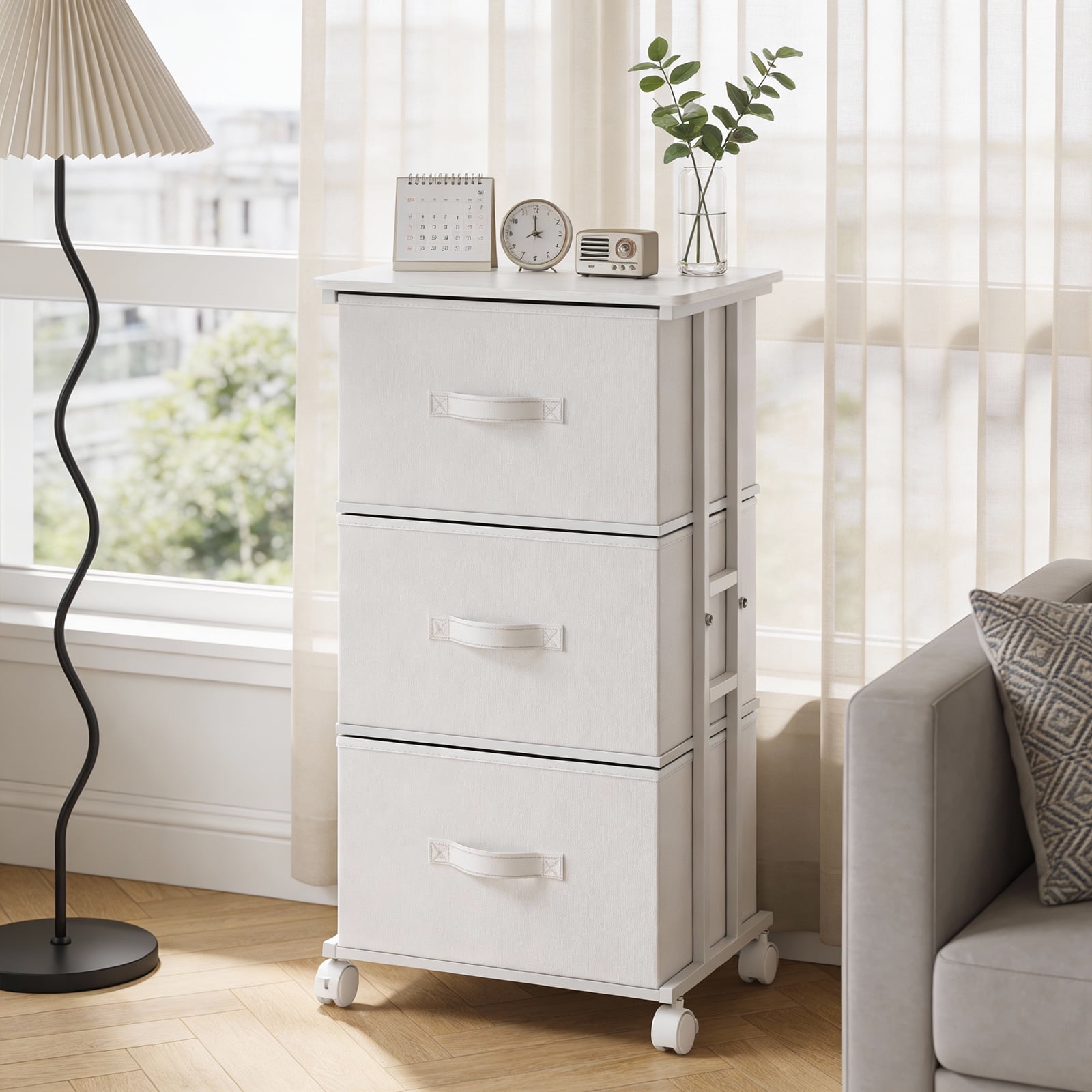 edx Rolling Nightstand with Wheels, 3 Drawer Fabric Storage for Bedroom, Entryway, Closets, Office, White