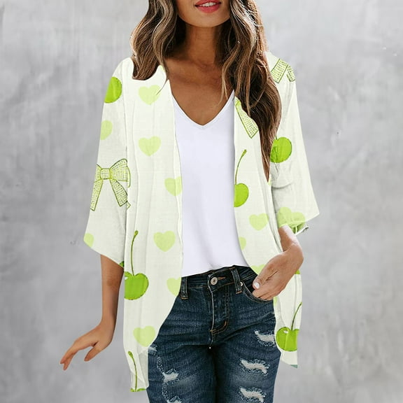 AGWOLF Lightweight Cardigan Women Summer Floral Boho Kimono Cardigans 2025 Loose 3/4 Length Sleeve Beach Cover Ups Casual Open Front Cardigan Tops Green,XXL