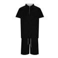 thumbnail image 3 of Valora Men Fahion Outfit Men's Casual Striped Two Piece Suit for Everyday Leisure and Streetwear Distinctive Zipper top and Drawstring Pocket Short Set Black 3XL, 3 of 5