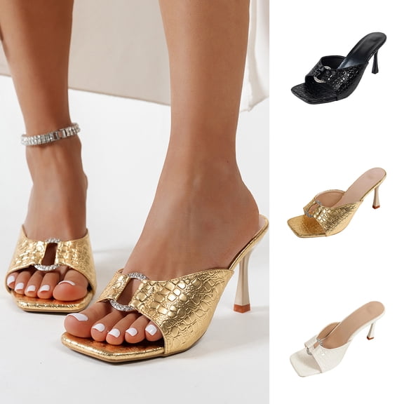 HomeDM Women's Stiletto Heels Sandals Square Open Toe Slip-On Mules Sandals Summer Comfort Prom Dress Pumps Shoes, Gold Size 5.5