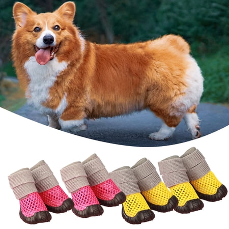 Deyuer 4Pcs Pet Shoes Hollow Out Breathable Fastener Tape Fixing Anti-slip Net Summer Hollow Puppy Dog Teddy Shoes