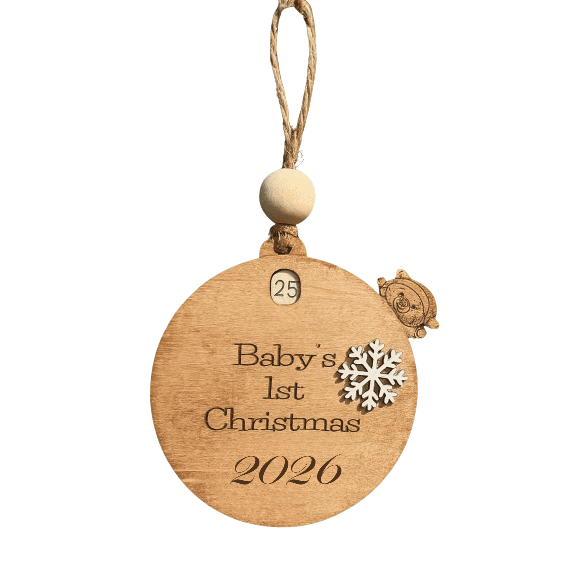 Baby's First Christmas Wooden Ornament, 4 Inch Round, 2026 Countdown with Snowflake Design
