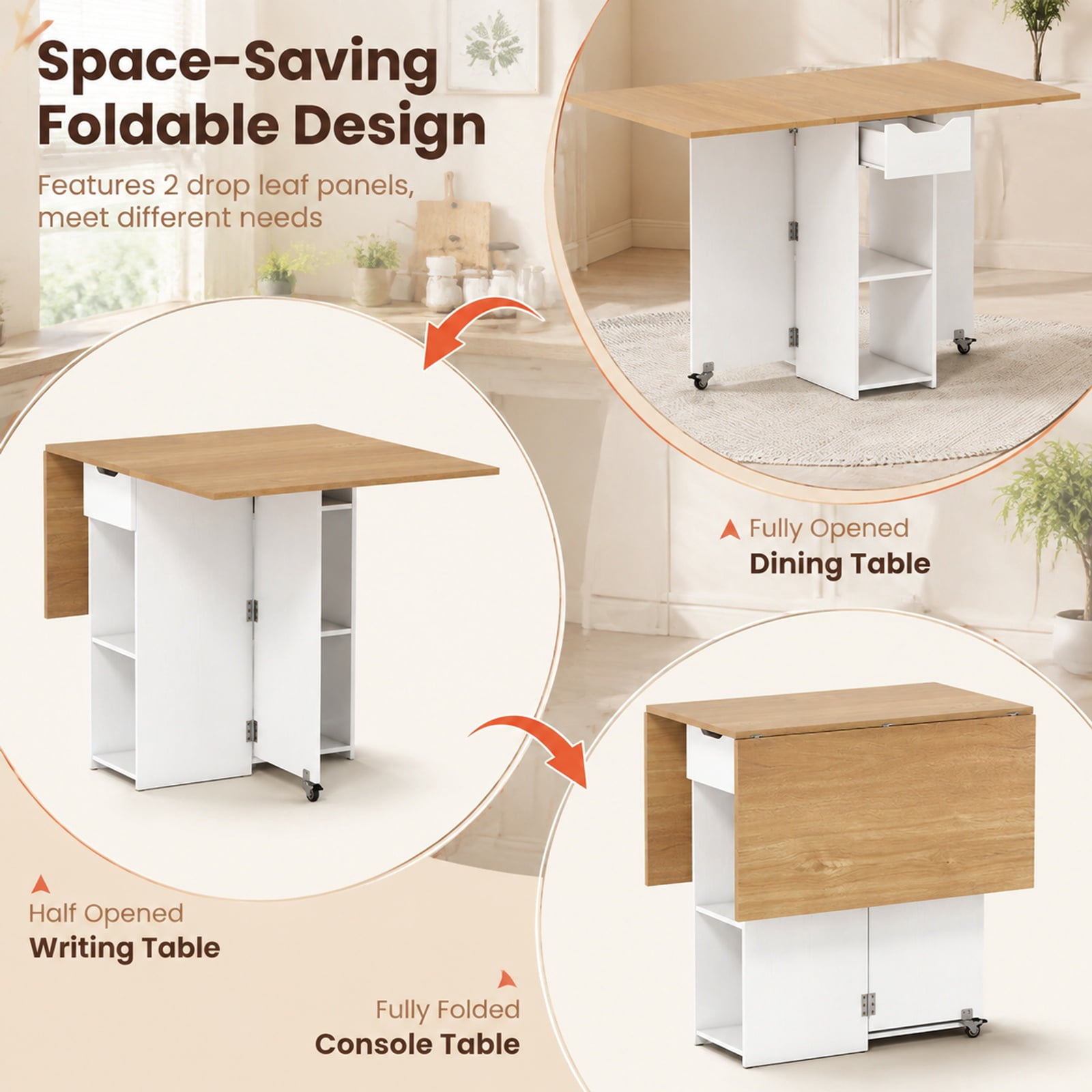 Furnibear 47.5 Inch Farmhouse Extendable Drop Leaf Dining Table with Drawer Shelves and Lockable Wheels for Small Kitchens, Natural