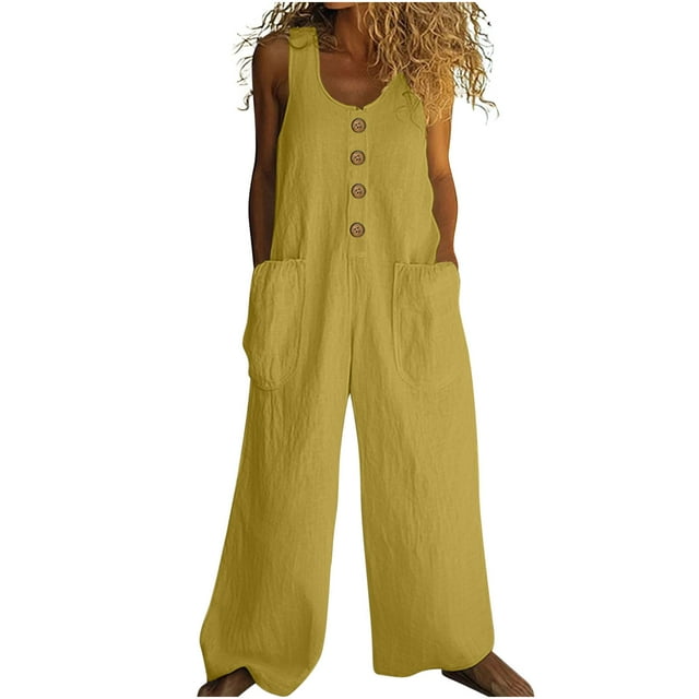 Tumotour Cotton And Linen Long Jumpsuits For Women Summer Loose Sleeveless Jumpsuits Linen Wide Leg Button Long Overall Rompers With Pockets