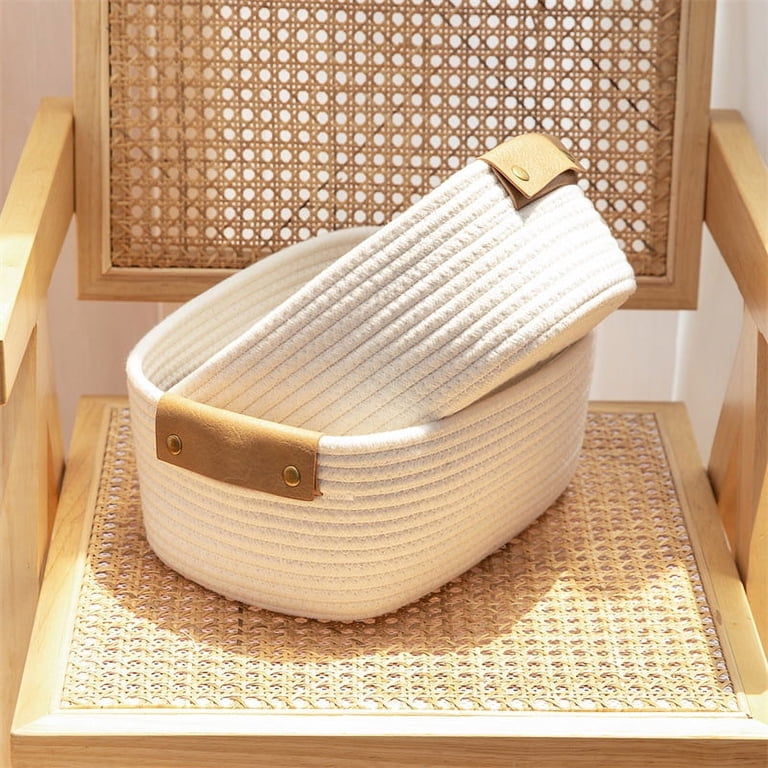 Large Cotton Rope Storage Basket With Leather Handles, White photo 2