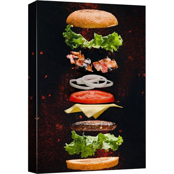 Canvas Print Wall Art Cheeseburger Ingredient Floating Explosion Food Culinary Photography Modern Rustic Scenic Multicolor Colorful for Living Room, Bedroom, Office - 12"x18"