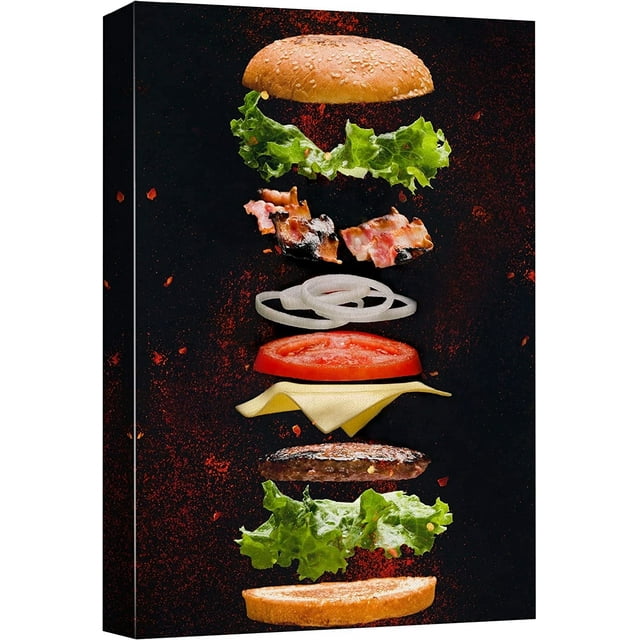 Canvas Print Wall Art Cheeseburger Ingredient Floating Explosion Food Culinary Photography Modern Rustic Scenic Multicolor Colorful for Living Room, Bedroom, Office - 12"x18"
