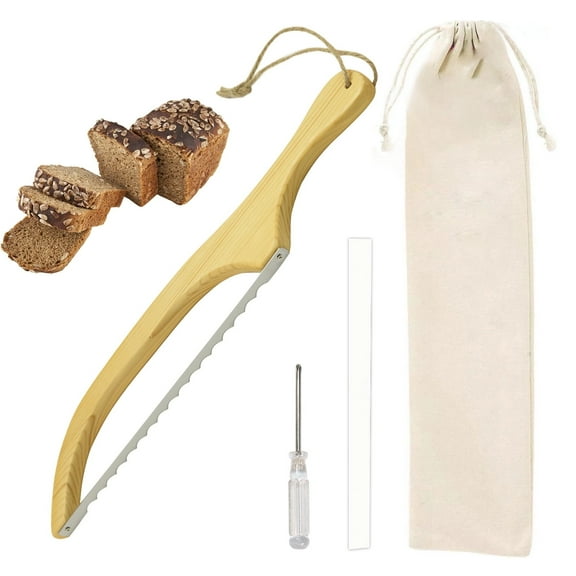 Bread Knife with Wooden Handle - Sourdough Bread Slicer, Bow Knife with Stainless Steel Serrated Cutter for Homemade Bread, Loaf, Baguette & Artisan Bread