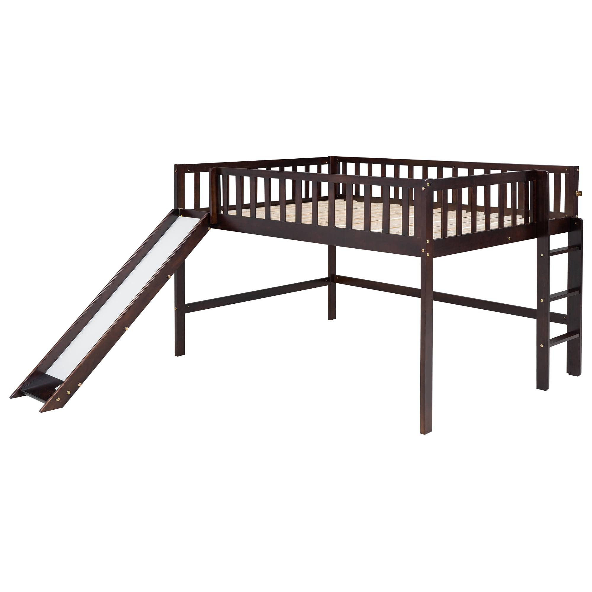 Euroco Wood Full Size Loft Bed, Low Profile Bed with Vertical Ladder and Slide for Kids Teens, Espresso