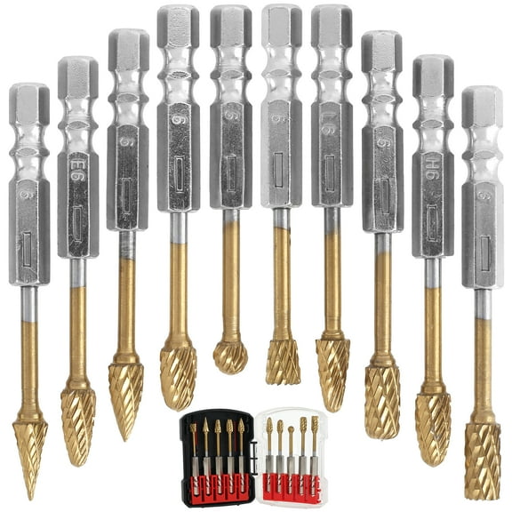 10Pcs Rotary Burr Set Tungsten Steel 1/4 Inch Hex Shank Carving Burr Set Double Slot Wood Engraving Burr Bit Set Quick Change Die Grinder Grinding Drill Bit for Rotary Tool