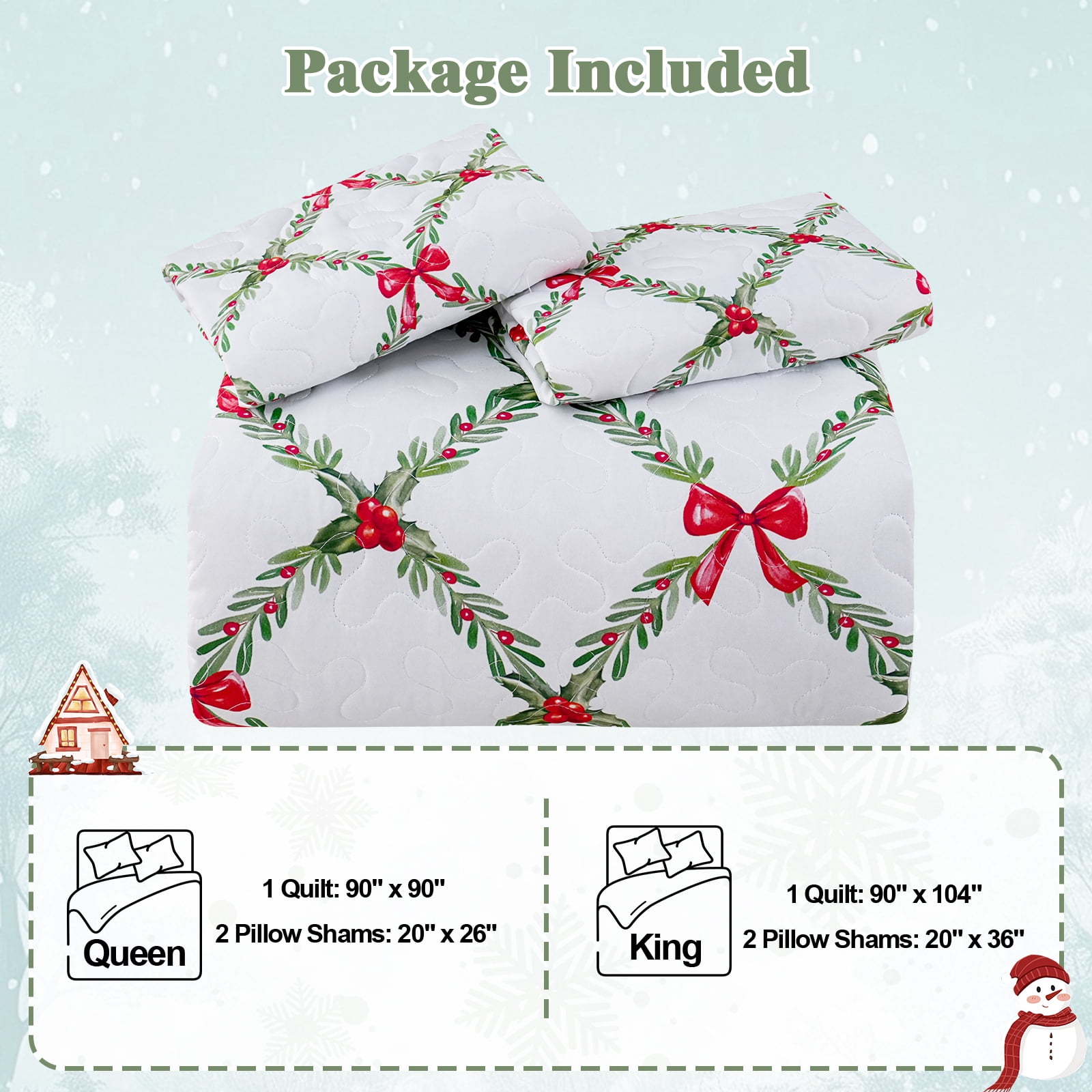 BLEUM CADE Christmas Quilts Queen Size 3 Piece, Bow & Festive Foliage Quilts Bedding Set, Christmas Decor Super Soft Bedspread Coverlet Set (1 Quilt, 2 Pillow Cases)