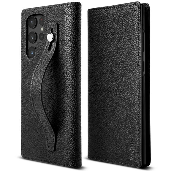 Ringke Folio Signature EZ Strap Case Compatible with Samsung Galaxy S22 Ultra, Handcrafted Artisan Leather Flip Wallet Cover - Black