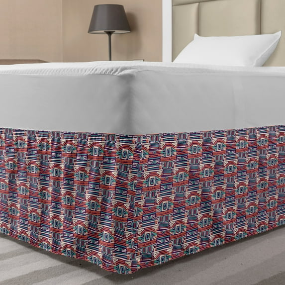 African Bed Skirt, Native Funky Traditional Art Patterns Bohemian Zigzag Motifs, Elastic Bedskirt Dust Ruffle Wrap Around for Bedding Decor, 4 Sizes, Purple Aqua and Burnt Sienna, by Ambesonne