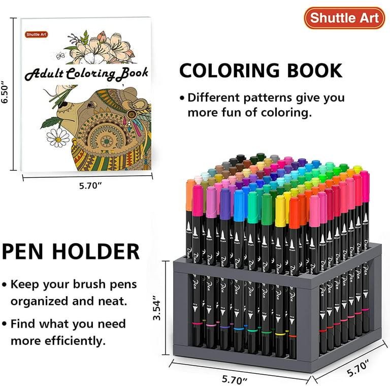 Dual Tip Brush Pens Art Markers, Shuttle Art 96 Colors Fine and Brush Dual  Tip Markers Set with Pen Holder and 1 Coloring Book for Kids Adult Artist