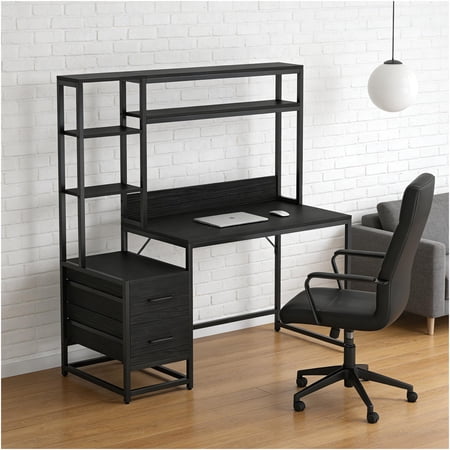 JERFIT Computer Desk with Hutch and Drawers Industrial Writing Desk Home Office Desk with Storage Black Metal and Wood Study Table