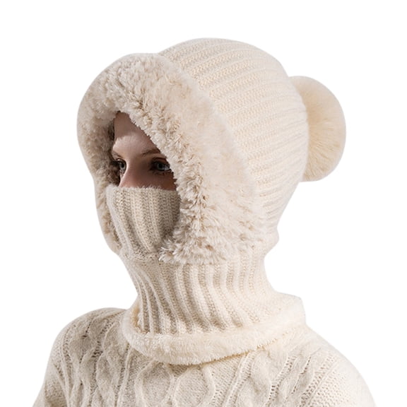 Women's -Lined Knitted Beanie Hat with Pompom â Windproof Warm Winter Cycling Cap, Plush Earmuff Skull Hat with Scarf Mask Set