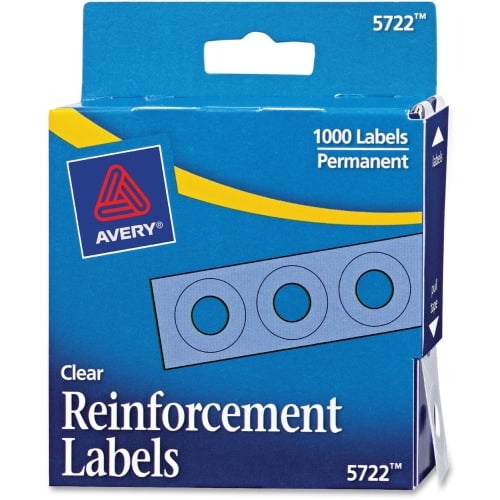 Avery Hole Reinforcements, Clear, 1000 Labels (5722) 0.3' Diameter - 0.25' Maximum Capacity - Round - Clear - Polyvinyl - 1000 / Pack