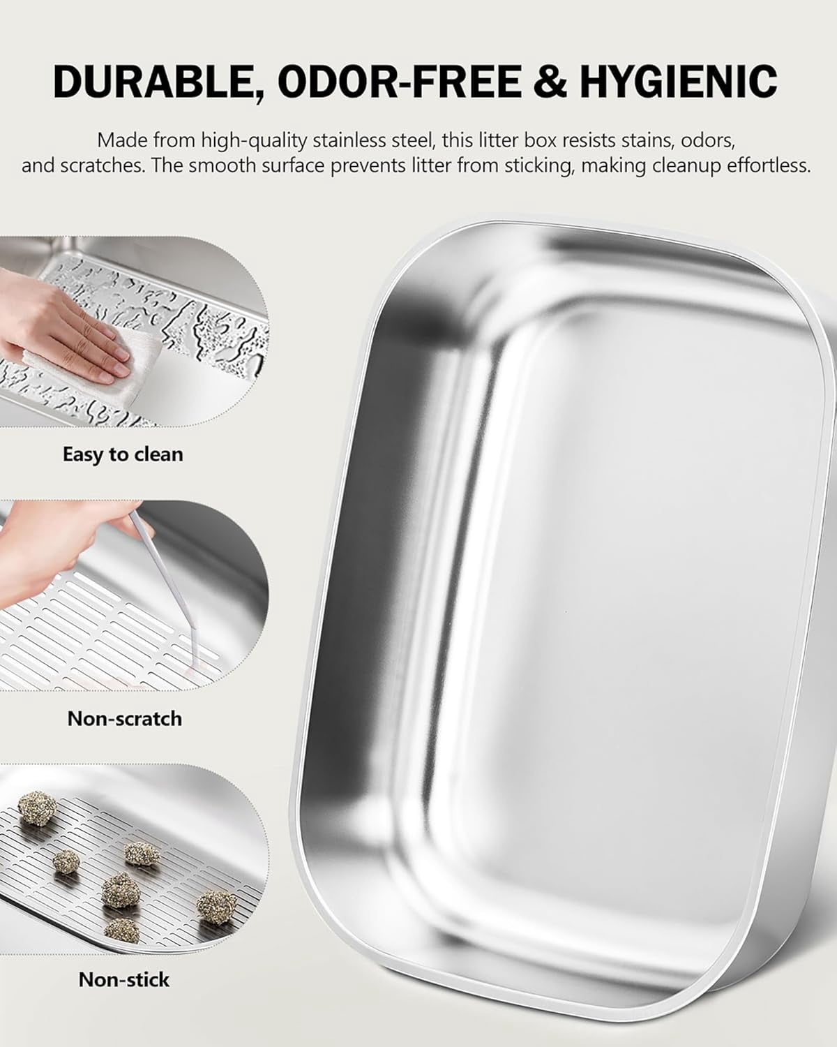Furrbby Extra Large Open Top Stainless Steel Cat Litter Box, Odor Control Metal Pet Tray, Silver
