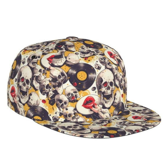 Flat Bill Trucker Hats for Women Men - lips record rock Skull Adjustable Flat Baseball Cap Snapback Hats Dad Hats for Men