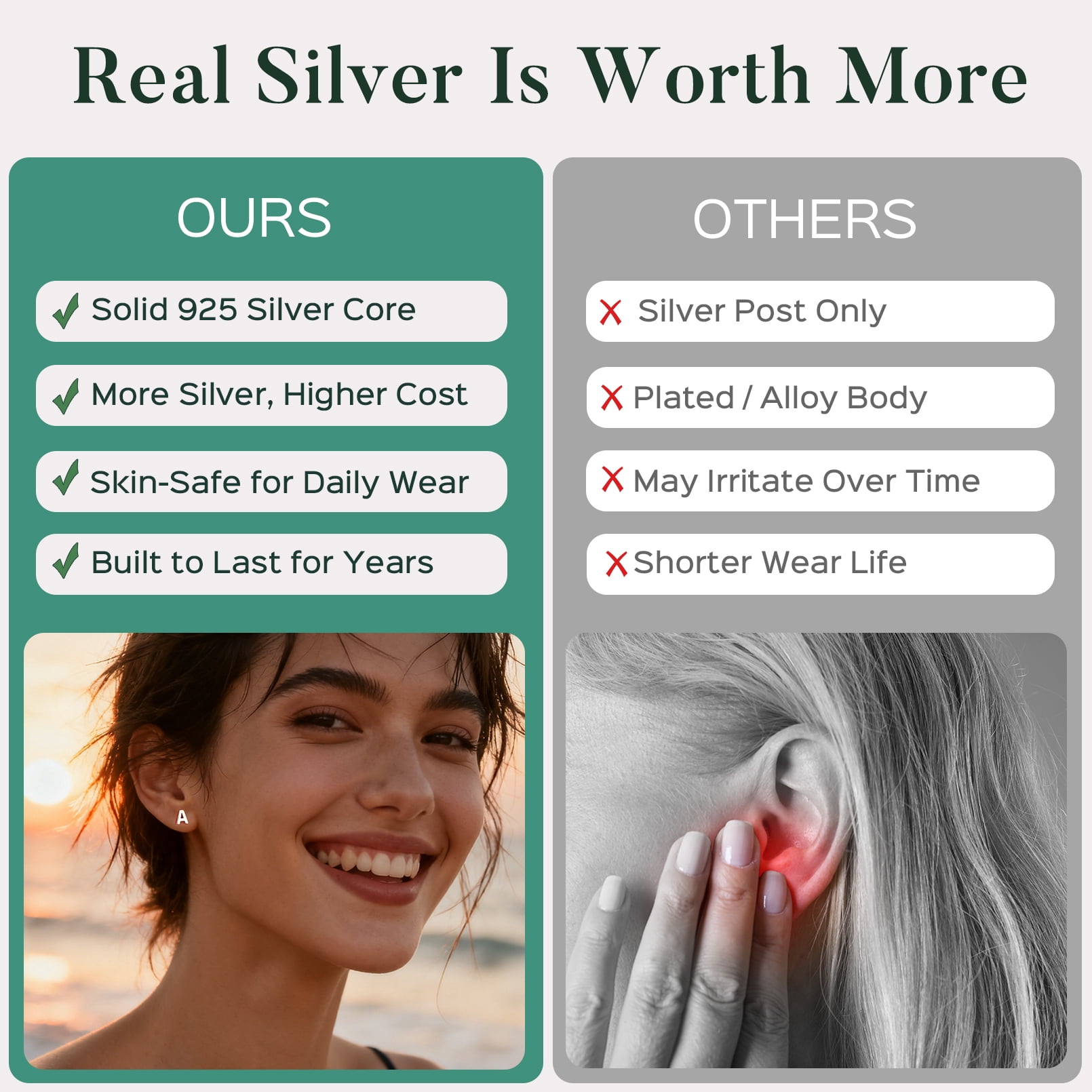 ChicSilver Minimalist 925 Sterling Silver 26 Letters A-Z Stud Earrings Suitable for Sensitive Ears Women Jewelry Gifts Daily Wear (with Gift Box)