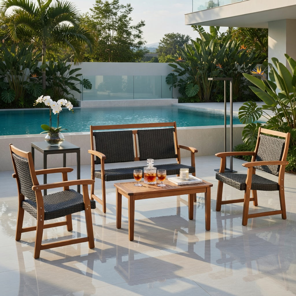 Hommoo 4-Piece Outdoor Patio Rattan Sofa Set with Solid Acacia Wood Frame, Weather-Resistant PE Rattan Loveseat, Single Sofas & Coffee Table for Backyard, Poolside, Garden, Reddish Brown