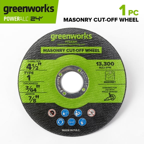 Greenworks 4-1/2" Masonry Cut-Off Wheel, Type 1, for Use With Angle Grinder, PT54301A1